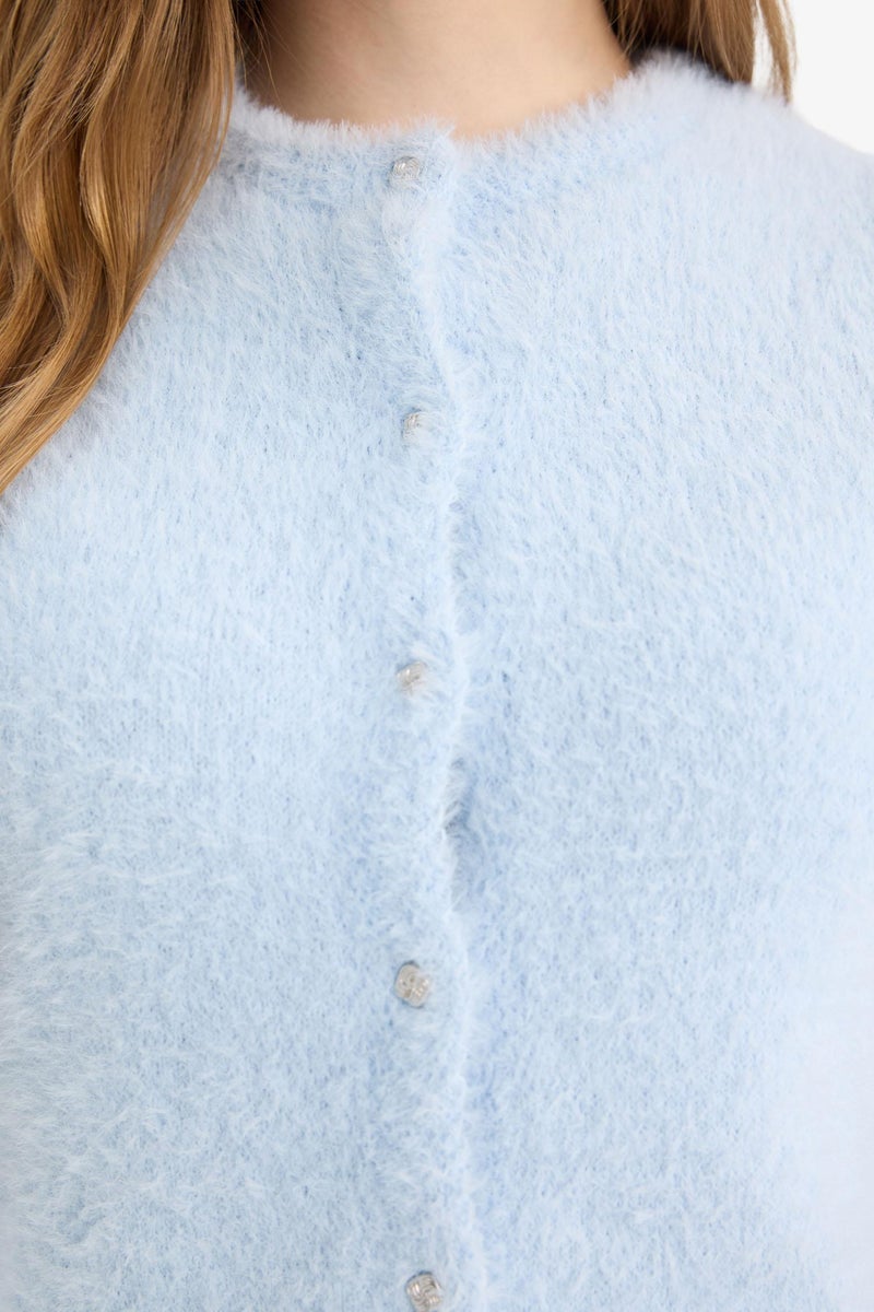 DeFacto Blue Woman Regular Fit Crew Neck Knitwear Cardigan Casual - Image 5